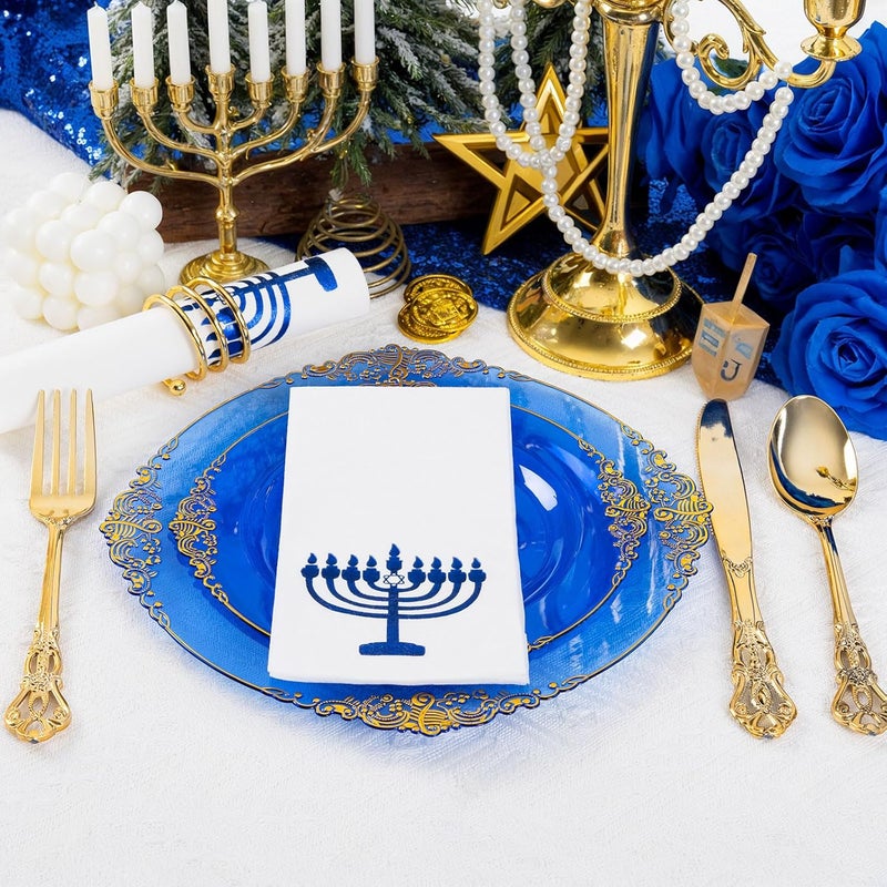 Joyido 50 Pack Hanukkah Napkins - Blue and White Paper Napkins - Heavy Duty Cloth-Like Feel Napkin with Menorah Candles - Disposable Hand Towels for Kitchen Table Bathroom Holiday Decor - Image 4